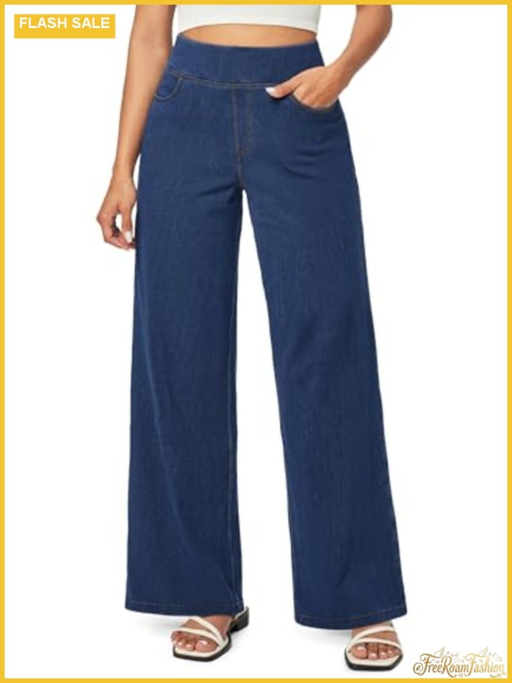 High Waisted Wide Leg Pull On Stretch Denim Jeans Women 4 Way Cotton Blend